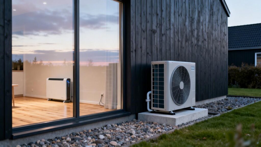 Fordele og ulemper ved varmepumper vist i et moderne dansk hjem med udedel og roligt skandinavisk design
