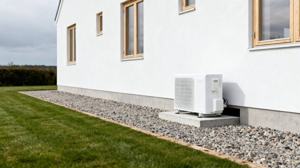 Varmepumpe tilbud inkl montering vist ved et moderne dansk hus med udedel installeret i minimalistisk skandinavisk miljø