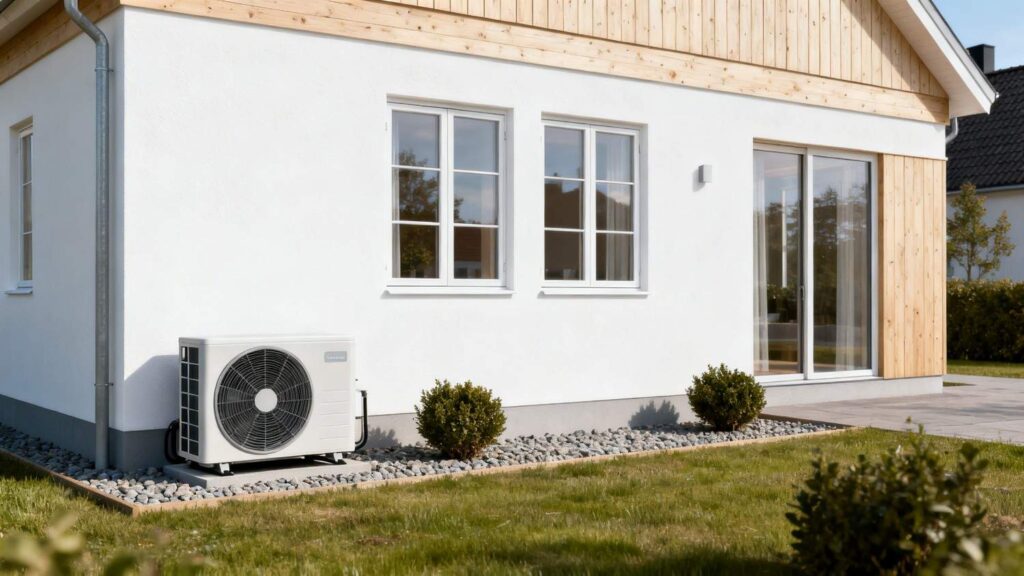 varmepumpe priser i Danmark ved moderne parcelhus med udendørs varmepumpe installation