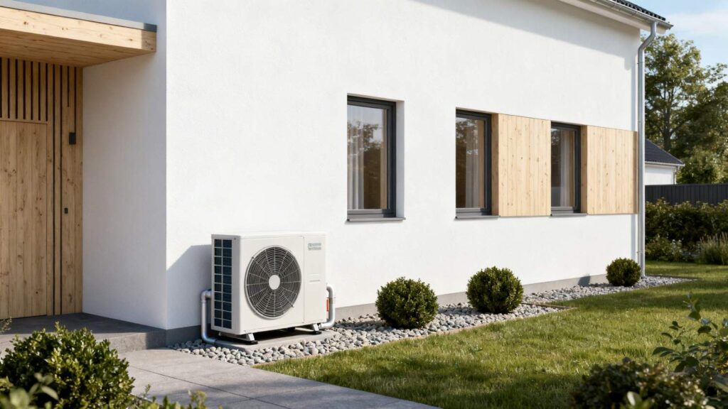 varmepumpe tilbud i Danmark ved moderne parcelhus med udendørs varmepumpe installation