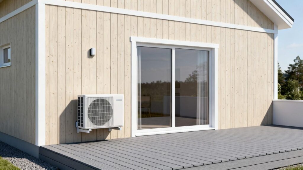 luft til luft varmepumpe pris inkl montering ved dansk sommerhus med udendørs installation