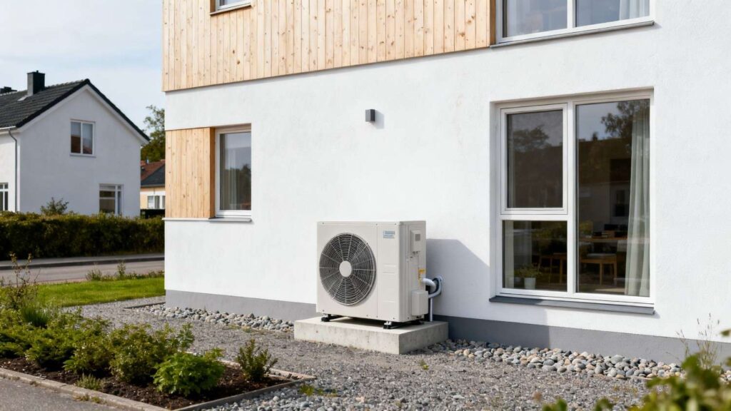 Moderne dansk hus med luft til vand varmepumpe installeret udendørs – eksempel på varmepumpe levetid og brug i dansk bolig