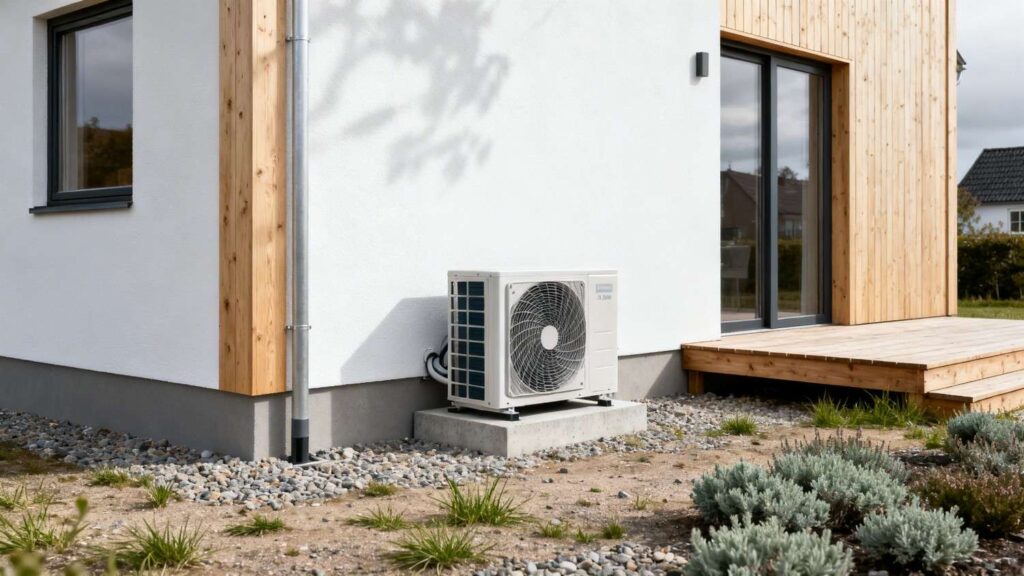 Støjsvag varmepumpe installeret ved moderne dansk hus – eksempel på støj varmepumpe og korrekt placering