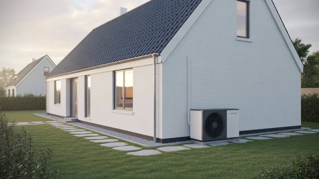 Tilskud til varmepumpe i Danmark vist på moderne parcelhus med varmepumpe installation