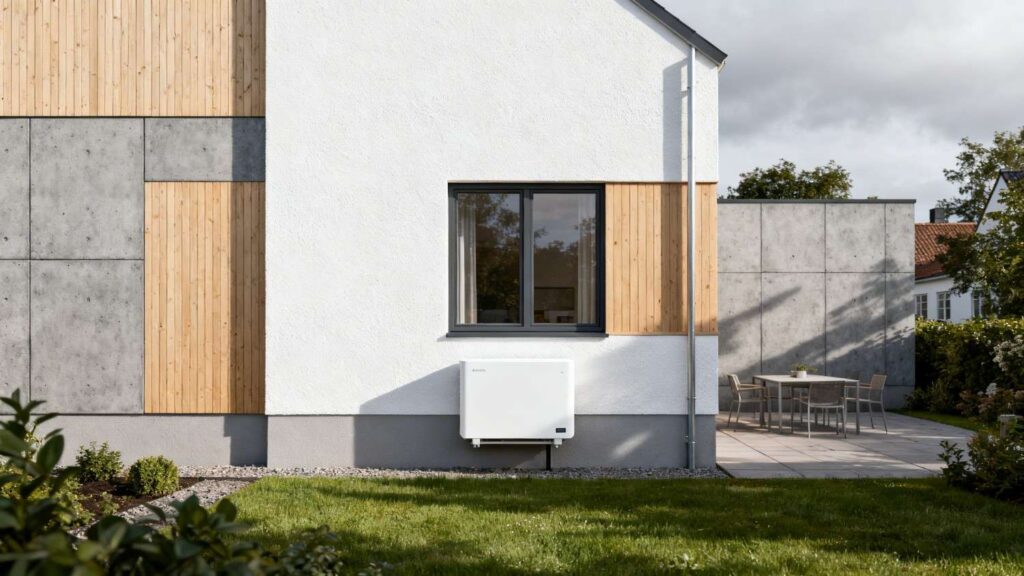 Billig varmepumpe installeret ved moderne dansk hus med fokus på prisvenlig løsning og effektiv opvarmning
