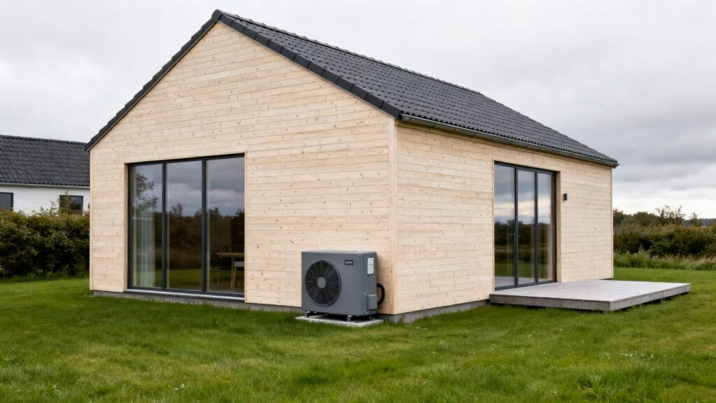 Moderne dansk sommerhus med varmepumpe installation til opvarmning og energieffektiv løsning