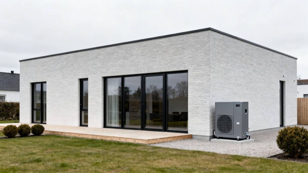 Varmepumpe til 150 m2 bolig installeret ved moderne dansk hus i realistisk miljø