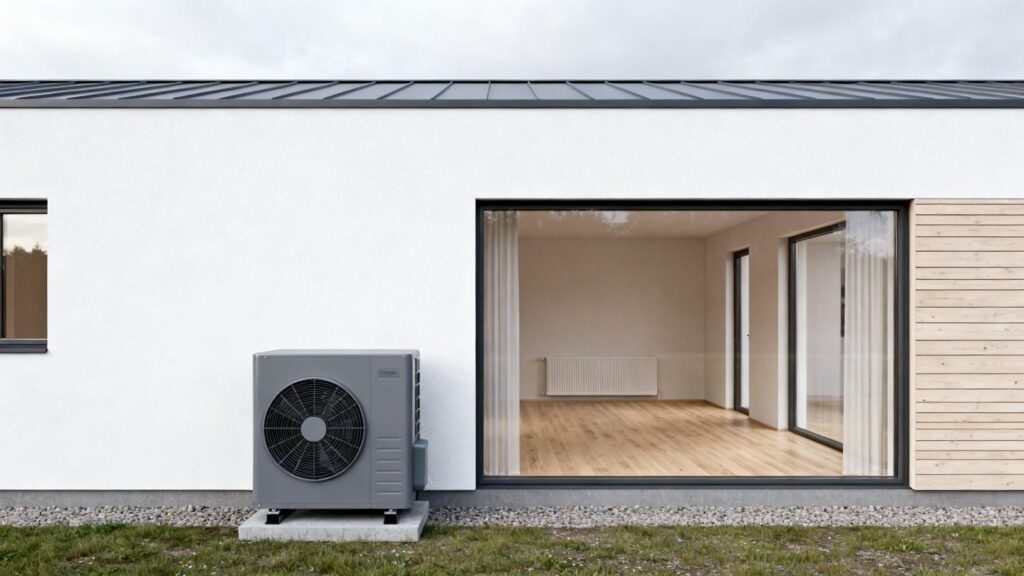 Moderne dansk hus med luft-til-vand varmepumpe til gulvvarme i et skandinavisk minimalistisk miljø