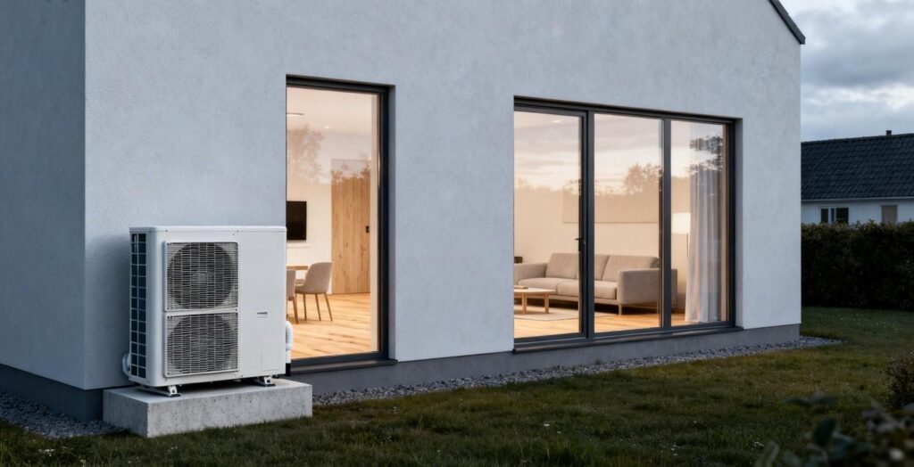Panasonic varmepumpe installeret ved moderne dansk hus med fokus på pris og energieffektiv opvarmning