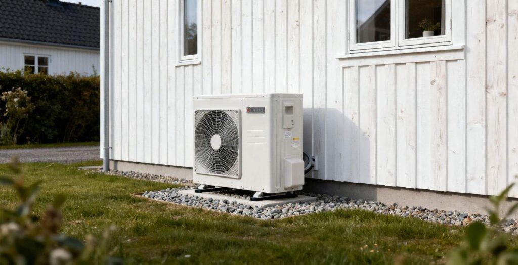 Bosch varmepumpe installeret ved moderne dansk hus med fokus på pris og installation