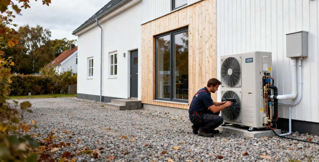 Service af varmepumpe ved moderne dansk hus på Sjælland med fokus på vedligeholdelse og pris