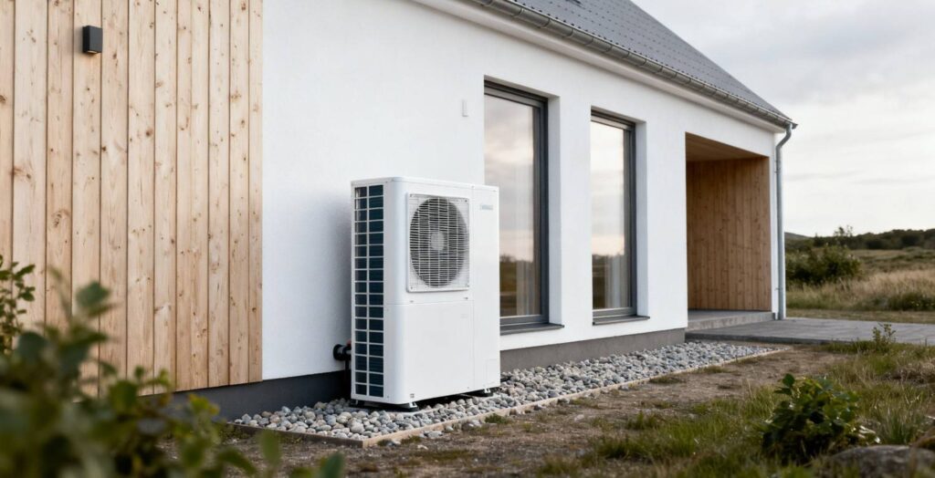 Varmepumpe tilbud i Jylland ved moderne dansk hus med installeret varmepumpe i realistisk boligmiljø