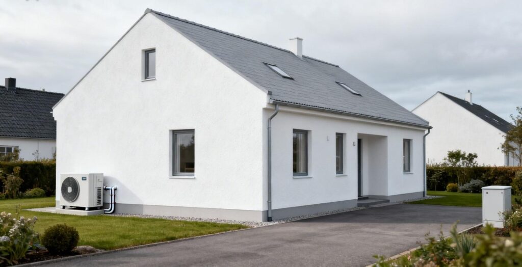 Varmepumpe vs fjernvarme i Danmark vist på moderne parcelhus med varmepumpe og fjernvarmeløsning