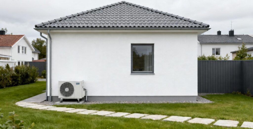 Ultra-realistic modern Danish single-family house exterior in a quiet residential neighborhood, clean white plaster facade with grey tiled roof, a discreet air-to-water heat pump unit installed beside the house, minimal Scandinavian landscaping with simple grass lawn and light stone path, soft natural Nordic daylight with slightly overcast sky, neutral tones (white, grey, subtle greenery), calm and trustworthy atmosphere, realistic everyday setting, no people, no text, no logos, clean minimal composition, 16:9 aspect ratio