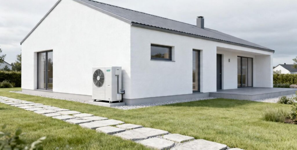 Størrelse varmepumpe til dansk parcelhus vist med korrekt installeret varmepumpe ved moderne bolig
