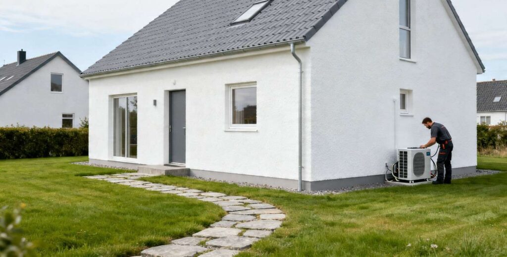 Eftersyn af varmepumpe i Danmark med tekniker der udfører service på udendørs varmepumpe ved moderne parcelhus