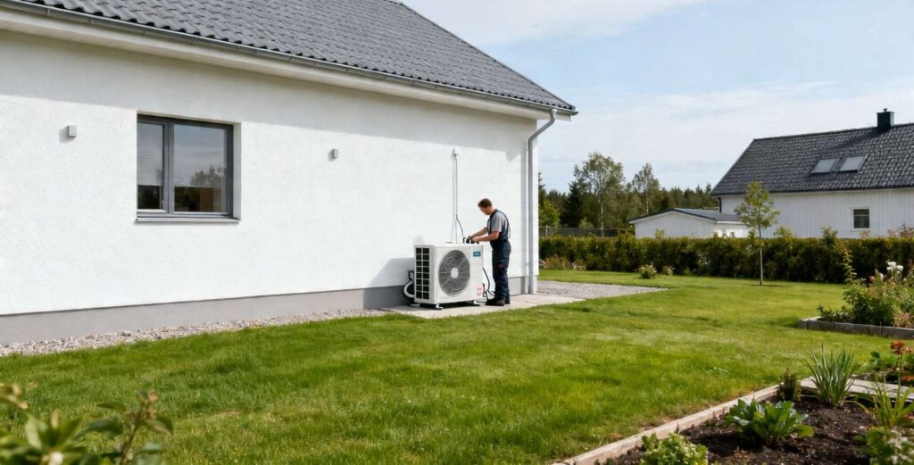 Eftersyn varmepumpe pris og service vist ved tekniker der inspicerer varmepumpe ved moderne dansk parcelhus