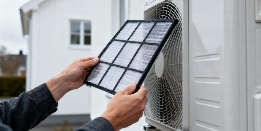 Vedligeholdelse af varmepumpe i Danmark hvor boligejer rengør varmepumpe ved moderne parcelhus