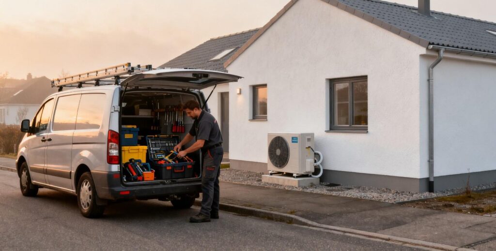 Service af luft til vand varmepumpe ved moderne dansk parcelhus hvor tekniker udfører eftersyn af udendørs enhed