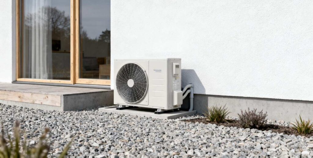 Panasonic varmepumpe installeret ved moderne dansk hus i roligt boligområde