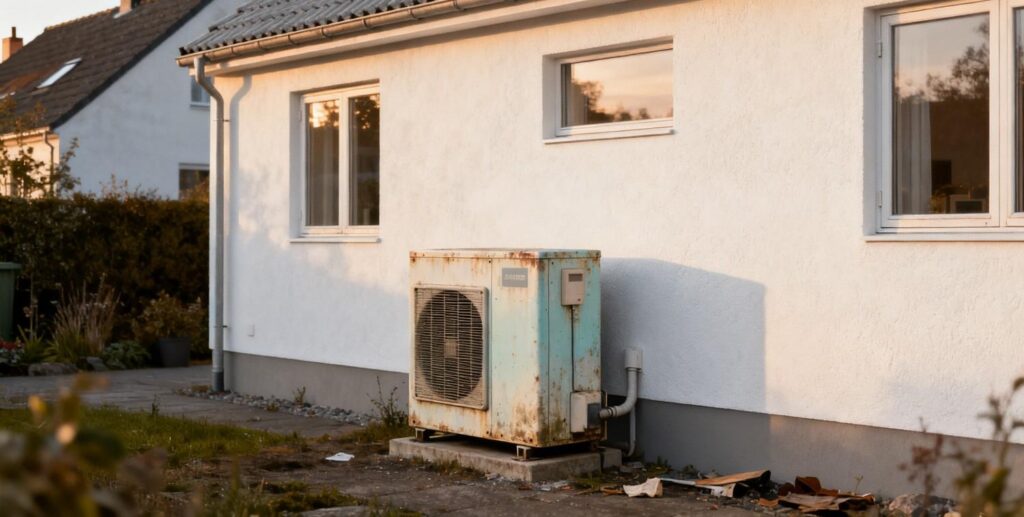 Hvornår skal en varmepumpe skiftes vist ved ældre varmepumpe installeret ved moderne dansk parcelhus