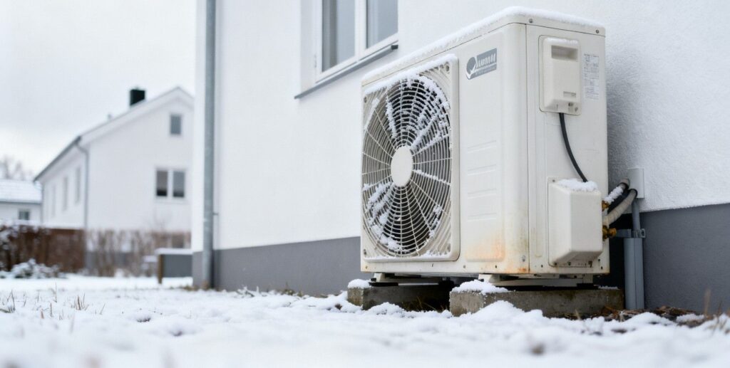 Tegn på at din varmepumpe er slidt ved et dansk parcelhus med udendørs enhed i vintermiljø