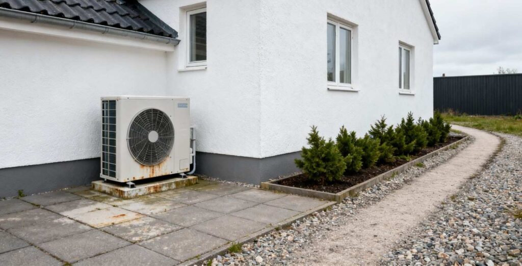 Varmepumpe ved dansk parcelhus med hvid facade der illustrerer levetid og om en varmepumpe kan holde 20 år