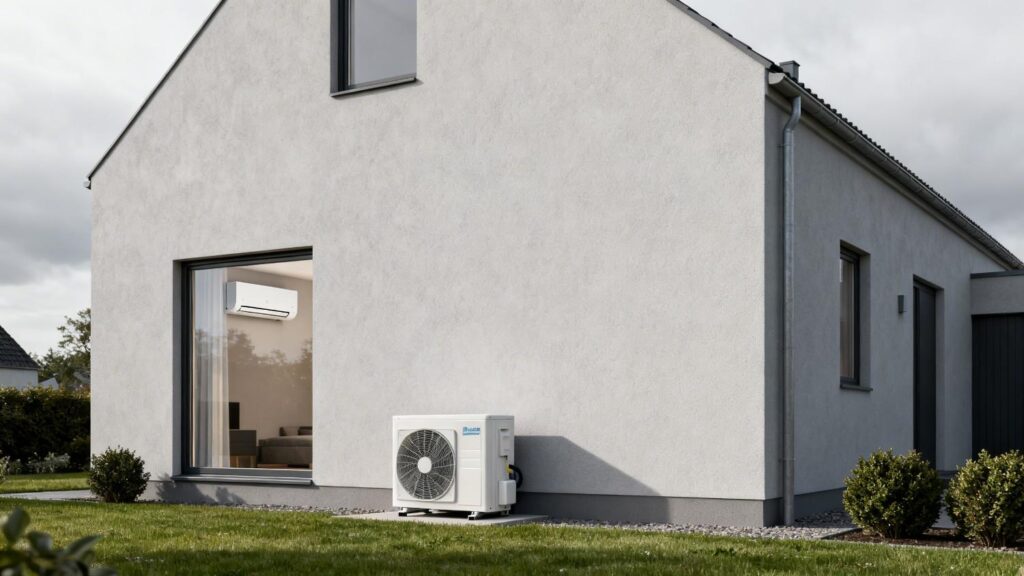 Luft til luft vs luft til vand varmepumpe ved moderne dansk hus med begge systemer vist i realistisk miljø