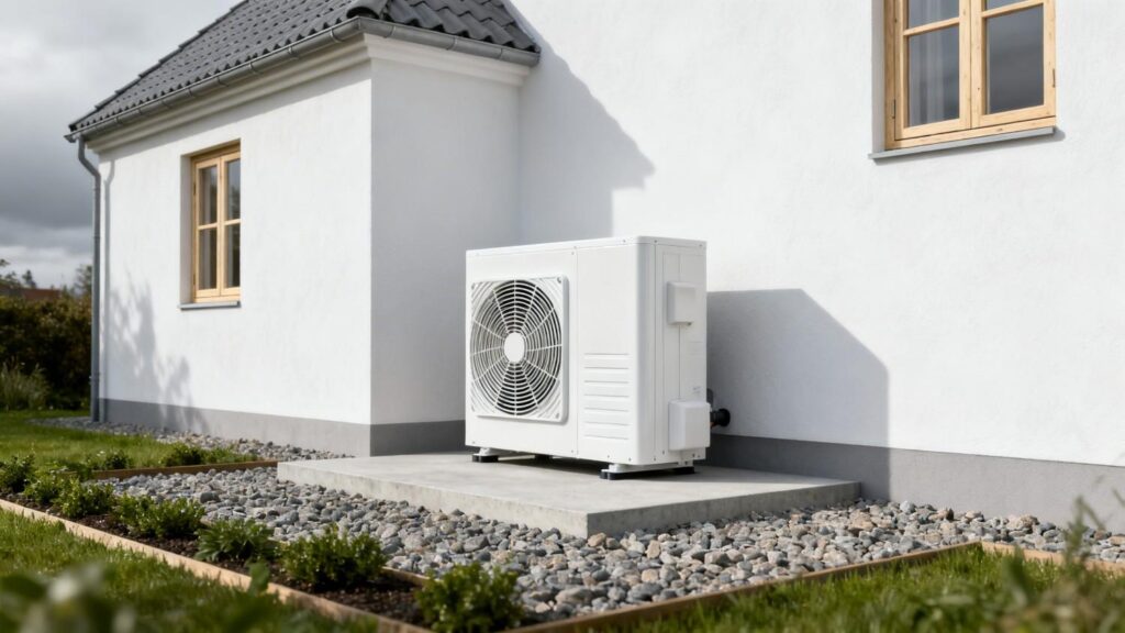 Montering af varmepumpe ved moderne dansk hus med fokus på installation og pris for varmepumpe i Danmark