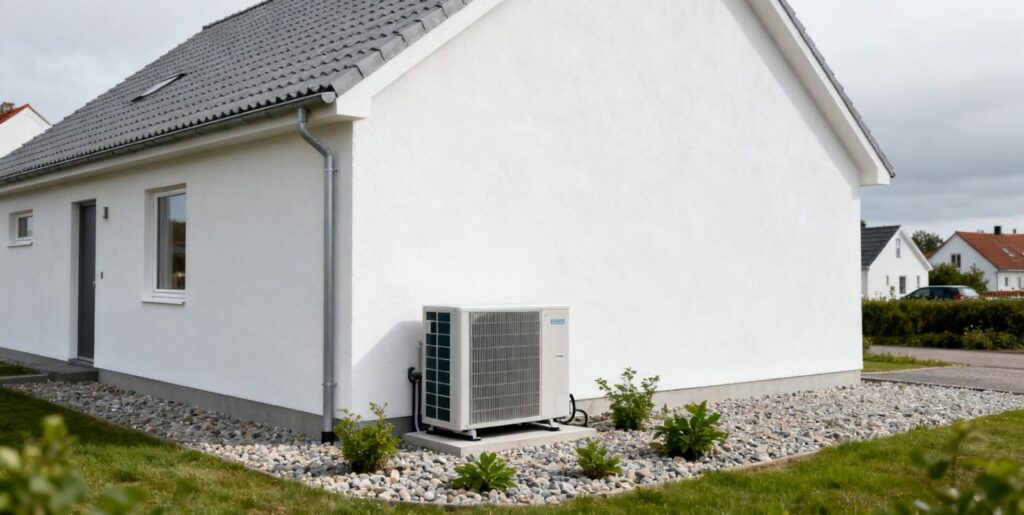 Moderne dansk hus med varmepumpe udenfor som viser skjulte omkostninger ved installation af varmepumpe
