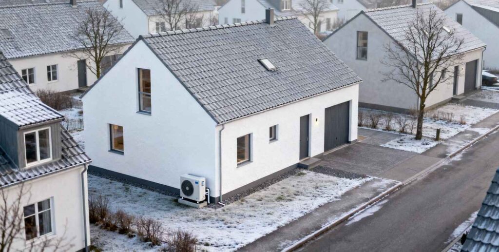 Moderne dansk parcelhus med varmepumpe udenfor der illustrerer strømforbrug og månedlig pris for varmepumpe i Danmark