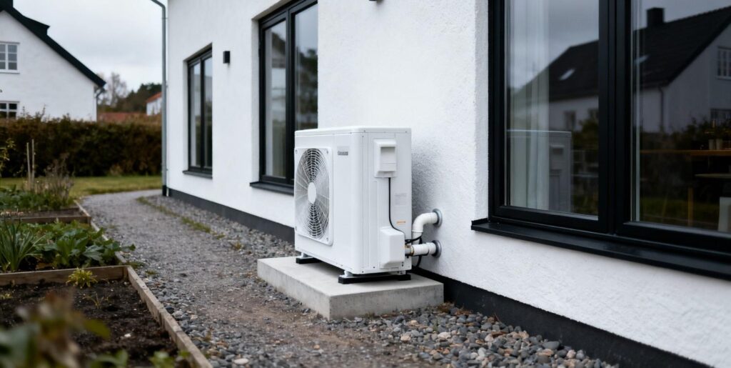 Skjulte omkostninger ved varmepumpe installation vist på moderne dansk hus med udedel og installation setup