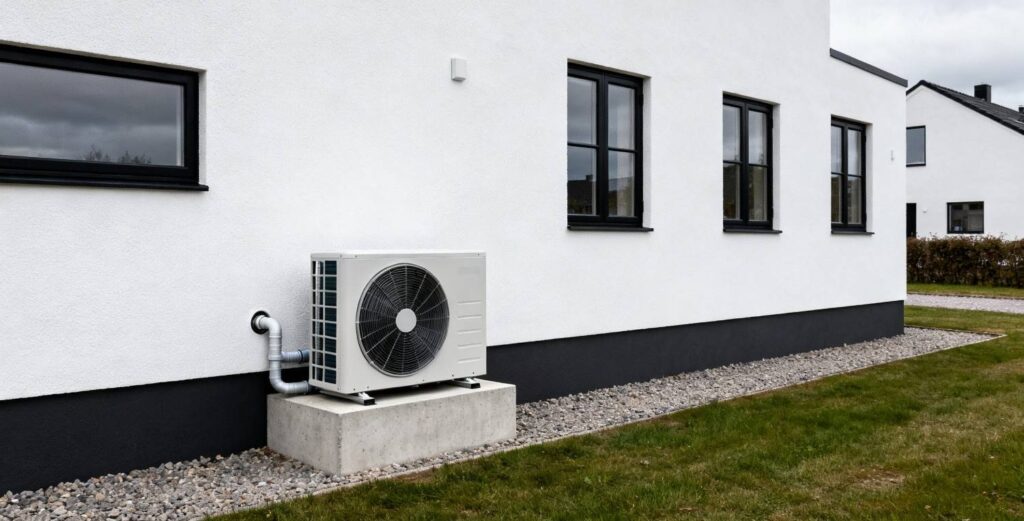 Moderne dansk hus med varmepumpe udedel som viser hvad der påvirker prisen på en varmepumpe i praksis