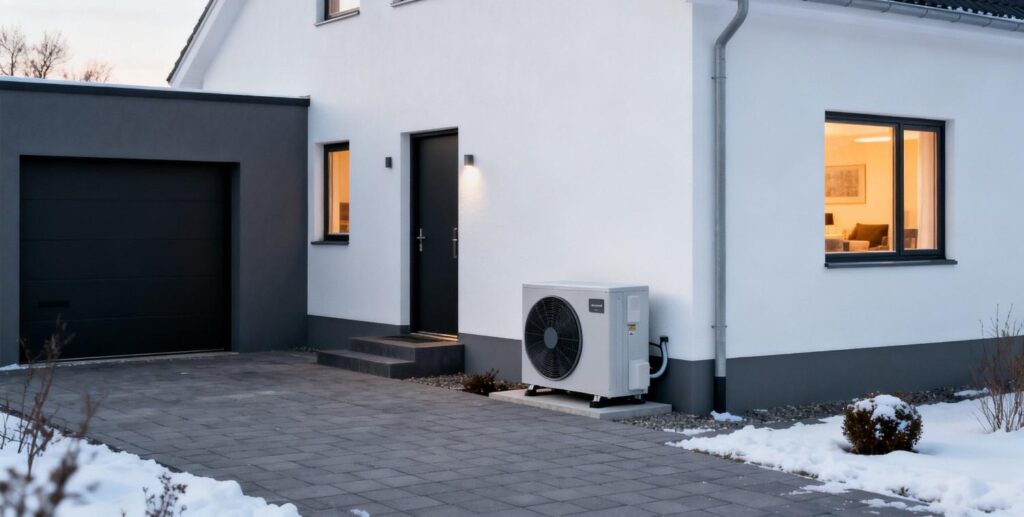Moderne dansk parcelhus med varmepumpe installation og fokus på samlet varmepumpe totalpris i Danmark