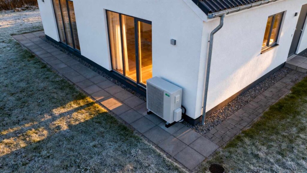 Moderne dansk parcelhus med korrekt beregning af varmepumpe størrelse og diskret varmepumpe installation ved siden af huset