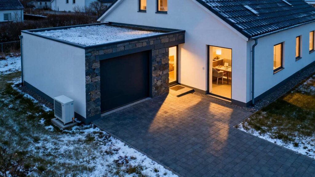Moderne dansk parcelhus med diskret installeret varmepumpe og fokus på valg af den bedste varmepumpe til parcelhus