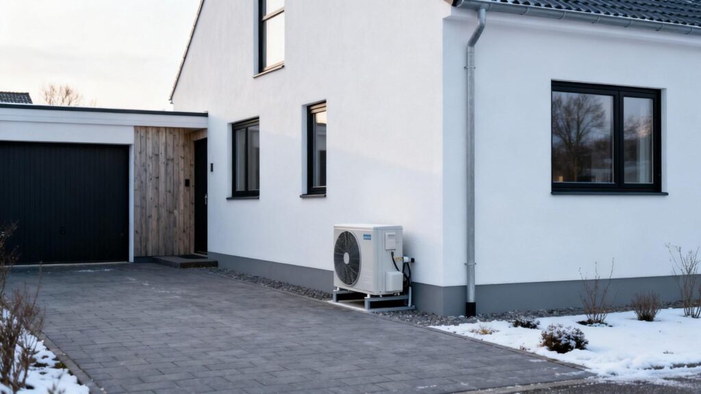 Moderne dansk parcelhus med diskret installeret varmepumpe og fokus på hvornår en varmepumpe kan betale sig økonomisk i Danmark