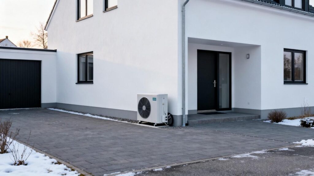 Moderne dansk parcelhus med diskret installeret varmepumpe og fokus på realistisk tilbagebetalingstid for varmepumpe i Danmark
