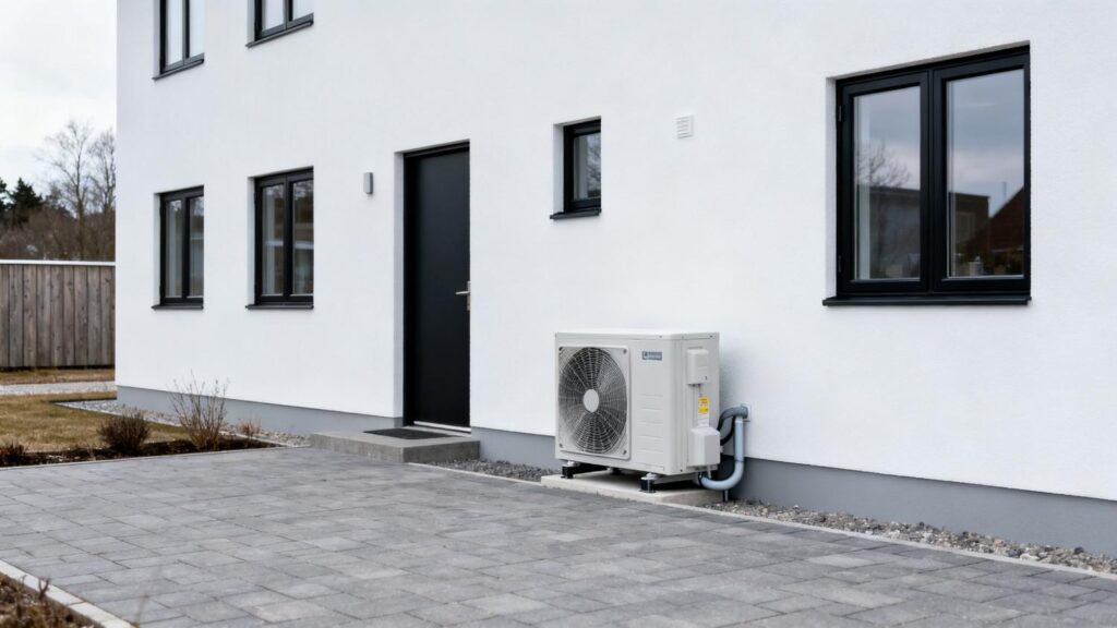Moderne dansk parcelhus med diskret installeret varmepumpe og fokus på varmepumpe som investering i Danmark