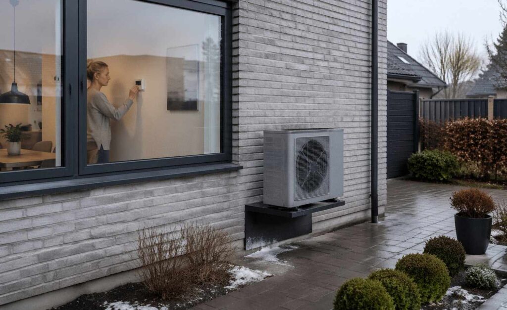 Energieffektivt hjem i Danmark med varmepumpe ved rækkehus i vintervejr