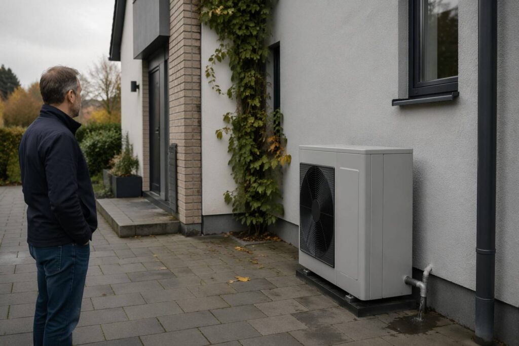 Varmepumpe installeret diskret ved dansk helårshus med let vanddryp fra sikkerhedsventil under normal drift