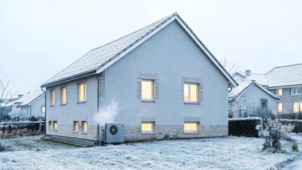 Energieffektivt hjem i Danmark med varmepumpe, der arbejder stabilt på en kold vintermorgen med let frost i omgivelserne