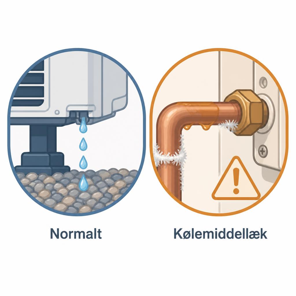 Sammenligning af normalt kondensvand og tegn på kølemiddellæk på en varmepumpe