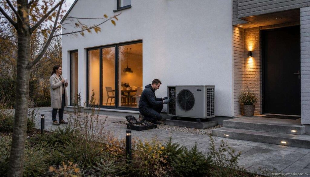 Luft til vand-varmepumpe får årligt serviceeftersyn ved dansk parcelhus for at sikre stabil drift, lavere energiforbrug og længere levetid.