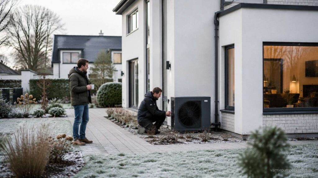 Varmepumpe installeret ved dansk helårshus, hvor professionel montering og afsluttende test sikrer hurtig opstart og energieffektiv opvarmning.