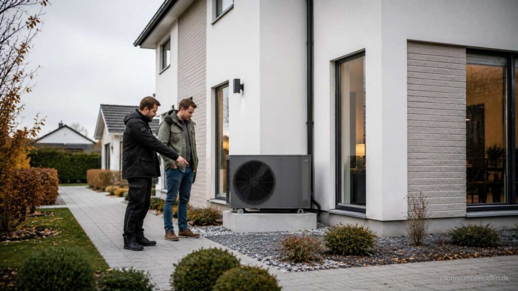 Luft til vand-varmepumpe monteret på et stabilt betonfundament ved dansk parcelhus for mindre vibrationer, længere levetid og sikker installation.