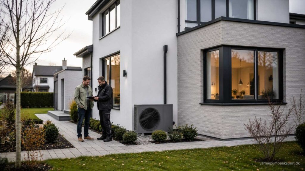Luft til vand-varmepumpe installeret ved dansk parcelhus på 150 m² med fokus på installationspris, energieffektiv opvarmning og professionel montering.