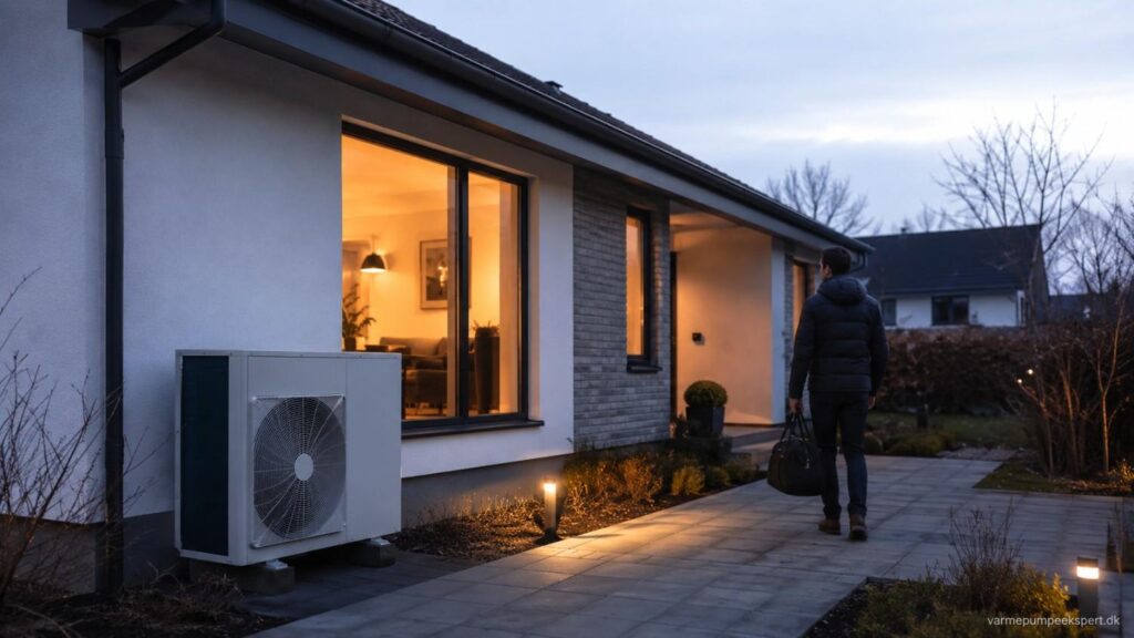 Varmepumpe installeret diskret ved dansk helårshus med fokus på hvor hurtigt boligen opvarmes efter hjemkomst i vinterperioden.