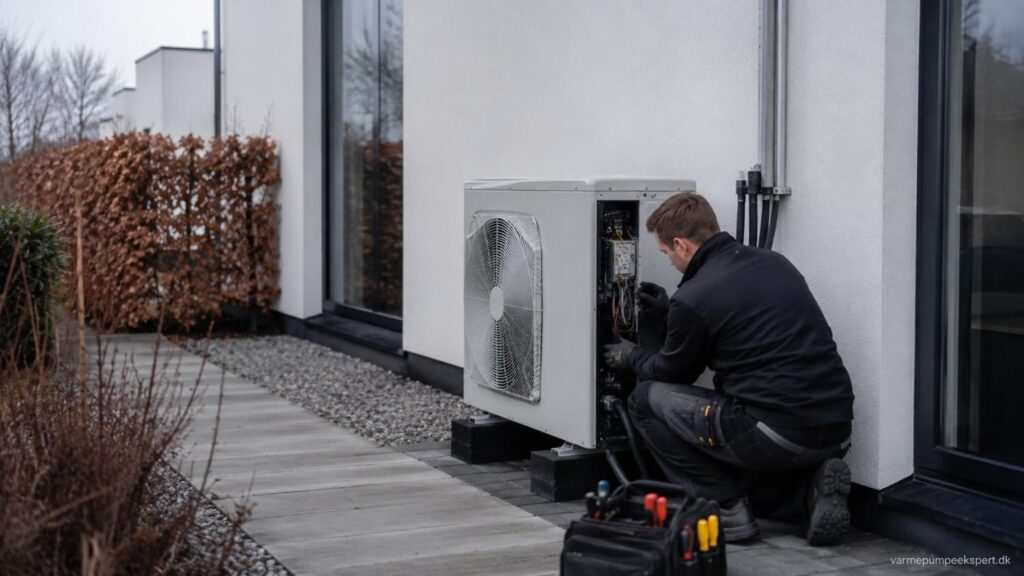 Tekniker undersøger varmepumpe ved dansk helårshus som eksempel på tegn på dårlig varmepumpe installation og behov for service.