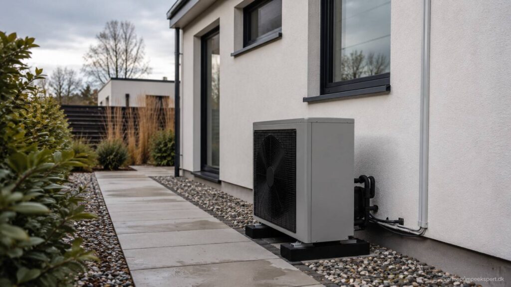 Varmepumpe installeret diskret ved dansk helårshus med moderne facade, som eksempel på serviceaftale og løbende vedligeholdelse af varmepumpe i dansk boligmiljø.